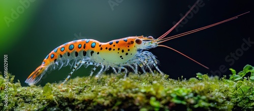 A close-up of a colorful Harlequin Shrimp walking across a mossy surface. photo