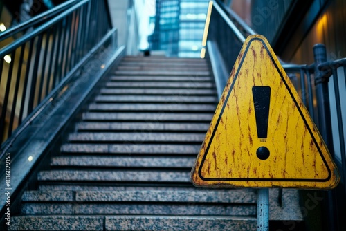 The image captures a yellow caution sign with an exclamation mark positioned at the bottom of a set of stone stairs, suggesting potential danger or caution for passersby. photo