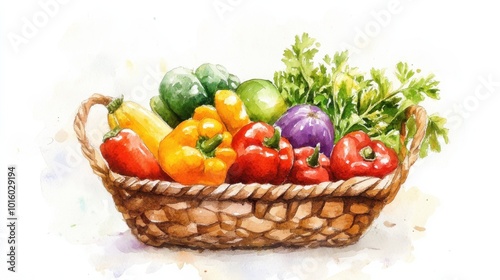 A colorful assortment of fresh vegetables in a woven basket showcasing vibrant bell peppers and leafy greens at a local market