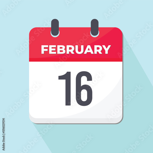 16 February Daily Calendar Icon 3d style red and white with light blue background