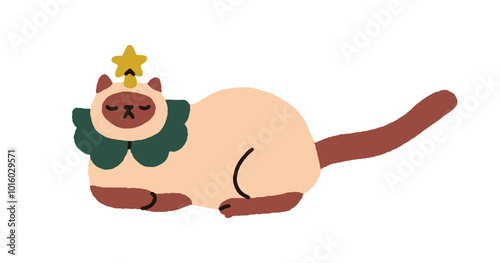 Cute cat sleeping, decorated with festive ornaments. Funny Christmas holiday feline with star topper on head, decoration. Humorous comic kitty. Flat vector illustration isolated on white background