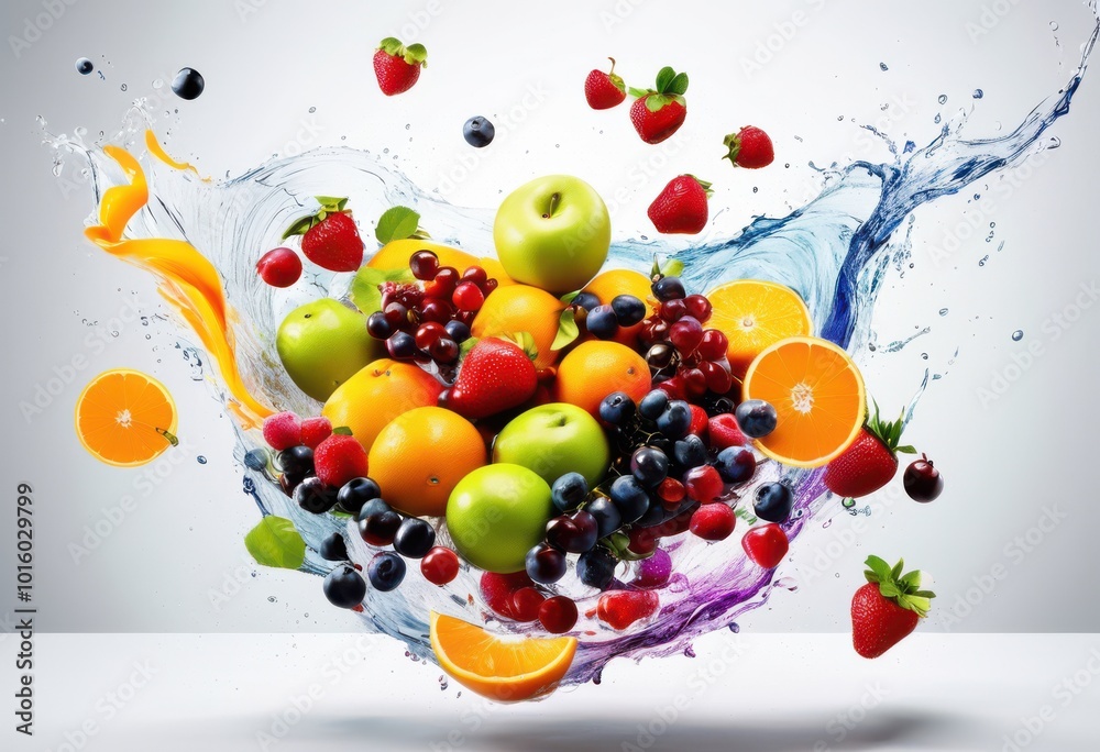 vibrant colorful fruit arrangement floating mid air dynamic visual elements mixed textures, apple, orange, banana, grape, kiwi, pineapple, lime, berry vibrant colorful fruit arrangement floating mid air dynamic visual elements mixed textures, apple, orange, banana, grape, kiwi, pineapple, lime, berry