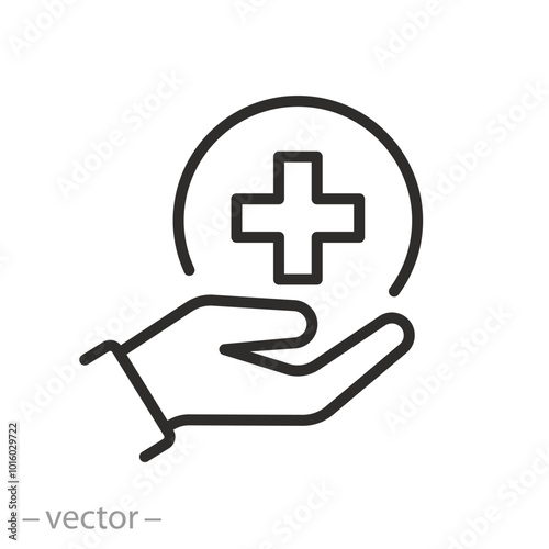provision of first aid, hand holding medical cross icon, medical help, thin line symbol on white background - editable stroke vector illustration