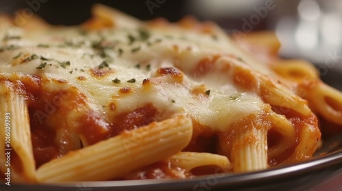 Delicious baked pasta with marinara sauce and melted cheese presented on a black plate