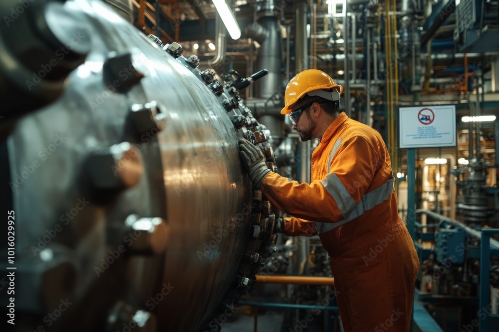 A worker in safety gear inspects a large metallic cylindrical machine in an industrial setting, emphasizing safety, precision, and technology in the workplace. A worker in safety gear inspects a large metallic cylindrical machine in an industrial setting, emphasizing safety, precision, and technology in the workplace.