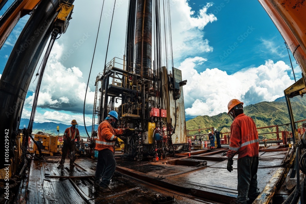 Workers on an oil rig drilling platform engage in their tasks against a backdrop of mountains, blending industrial might with natural beauty and human perseverance. Workers on an oil rig drilling platform engage in their tasks against a backdrop of mountains, blending industrial might with natural beauty and human perseverance.