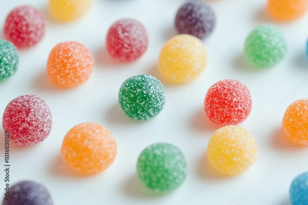 A close-up of colorful jelly candies sprinkled with sugar, arranged on a pristine white surface, symbolizing fun and indulgence in a vibrant array of colors. A close-up of colorful jelly candies sprinkled with sugar, arranged on a pristine white surface, symbolizing fun and indulgence in a vibrant array of colors.