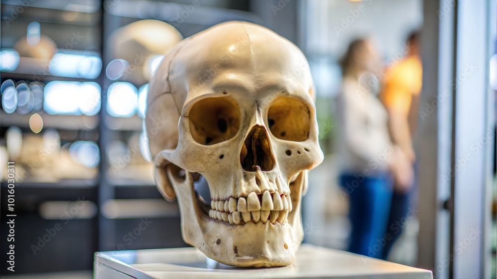 Realistic human skull display.
Realistic human skull display.
