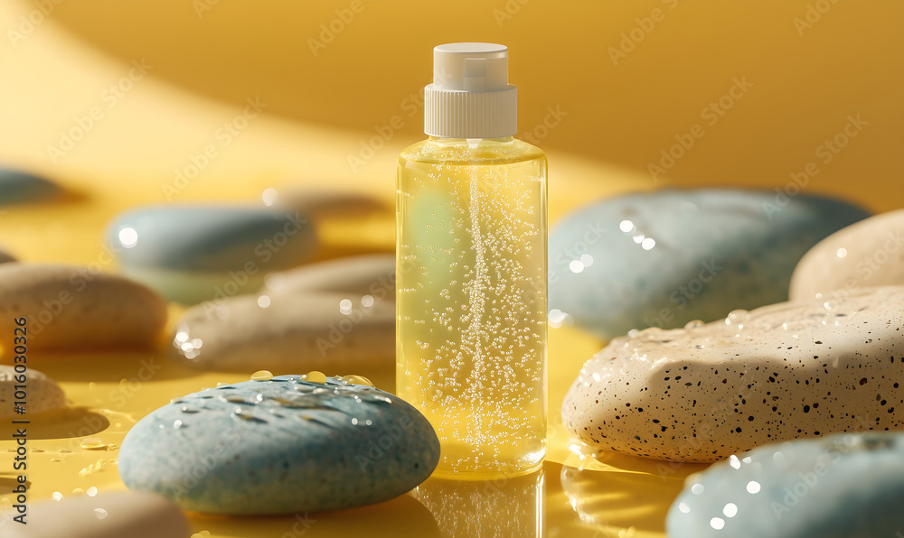 Shampoo or cream bottle arranged on yellow atmospheric stone with water drops. Product photography concept, Generative ai Shampoo or cream bottle arranged on yellow atmospheric stone with water drops. Product photography concept, Generative ai