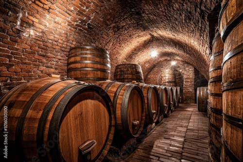 An atmospheric view of an old cellar with large wooden barrels lined up against rustic brick walls, illuminated by soft, warm lighting from above.