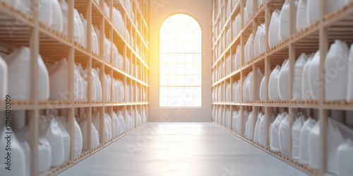 Sunlit warehouse aisle with neatly organized storage shelves and glowing window