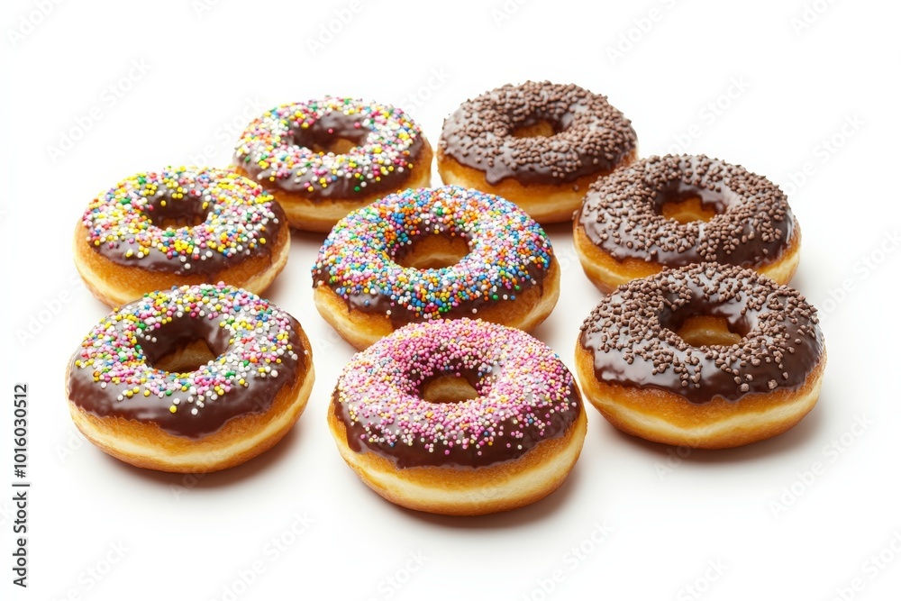 A delightful array of chocolate glazed donuts, each crowned with a distinct variety of sprinkle toppings, offering a perfect harmony of texture and sweetness. A delightful array of chocolate glazed donuts, each crowned with a distinct variety of sprinkle toppings, offering a perfect harmony of texture and sweetness.