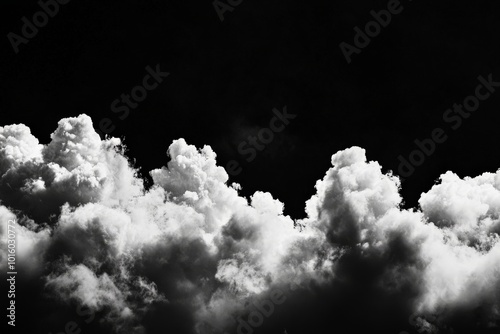 Dramatic black and white photography capturing the contrast of fluffy clouds against a deep, dark sky, creating a sense of mystery and awe in the viewer.