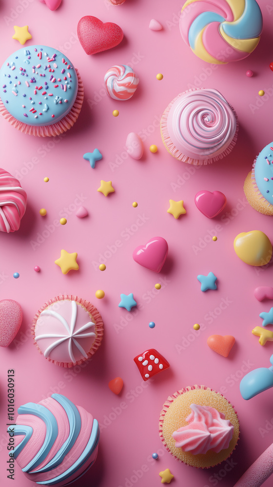 Colorful Cupcakes and Candy on Pink Background. Colorful Cupcakes and Candy on Pink Background.