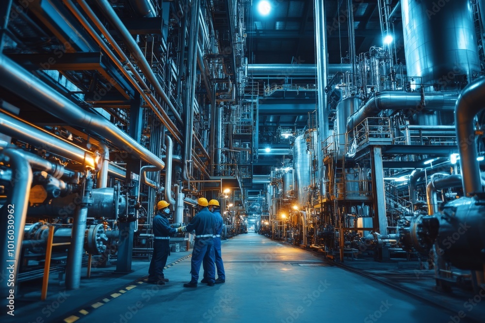 Three workers assess operations inside a large industrial processing plant illuminated by artificial lights, showcasing innovation, technology, and teamwork in modern industry. Three workers assess operations inside a large industrial processing plant illuminated by artificial lights, showcasing innovation, technology, and teamwork in modern industry.