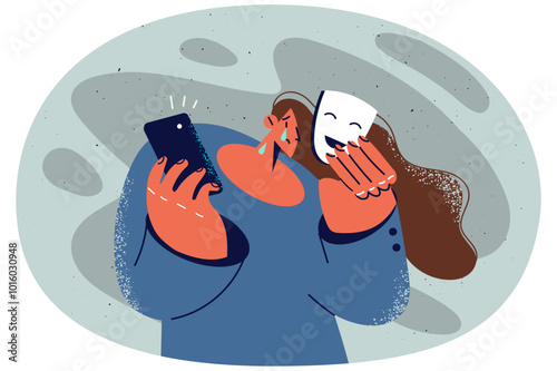 Crying woman take off mask suffer from internet bullying