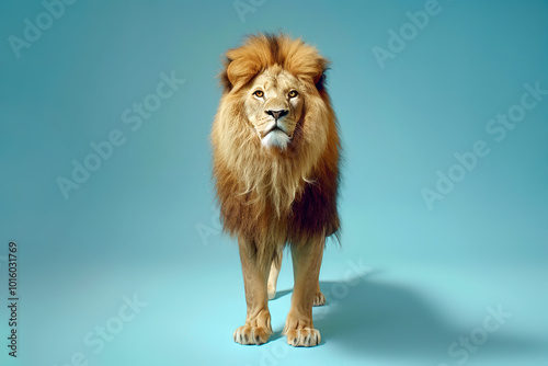 Portrait of majestic lion on blue background