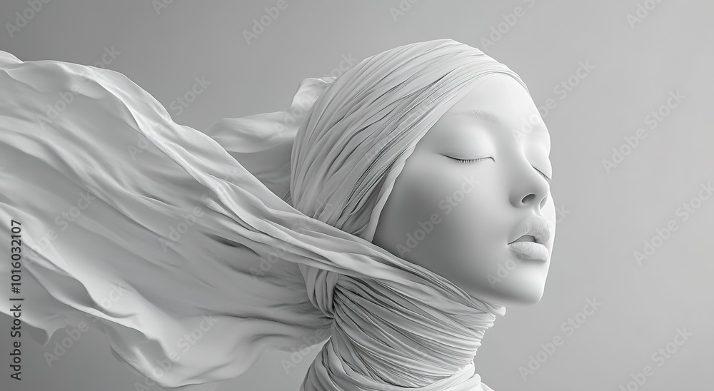 A white sculpture of an Asian woman's head wrapped in flowing fabric A white sculpture of an Asian woman's head wrapped in flowing fabric