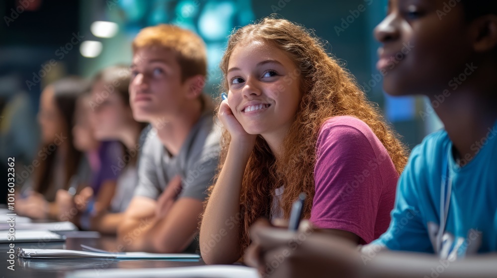 Obraz premium A lively classroom scene featuring engaged students, showcasing diversity and collaboration in a learning environment.