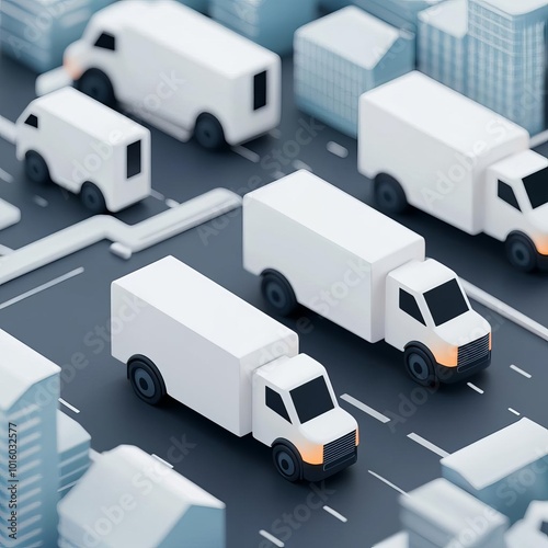 Self-driving delivery trucks, AI-controlled fleet, bustling smart city