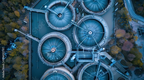 A view of a water treatment plant with four large tanks