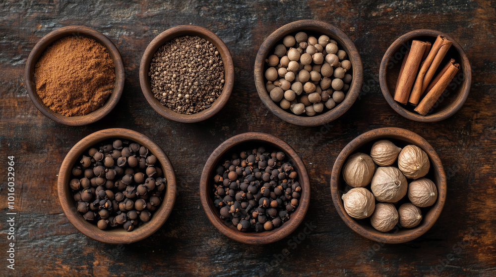 Assorted whole spices in wooden bowls including nutmeg and cinnamon Assorted whole spices in wooden bowls including nutmeg and cinnamon