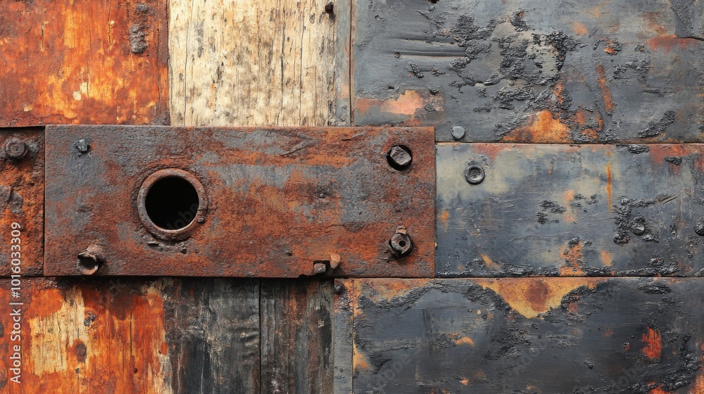 Close-up of a rusty metal plate with a hole and screws, attached to a weathered wood and metal surface. Close-up of a rusty metal plate with a hole and screws, attached to a weathered wood and metal surface.
