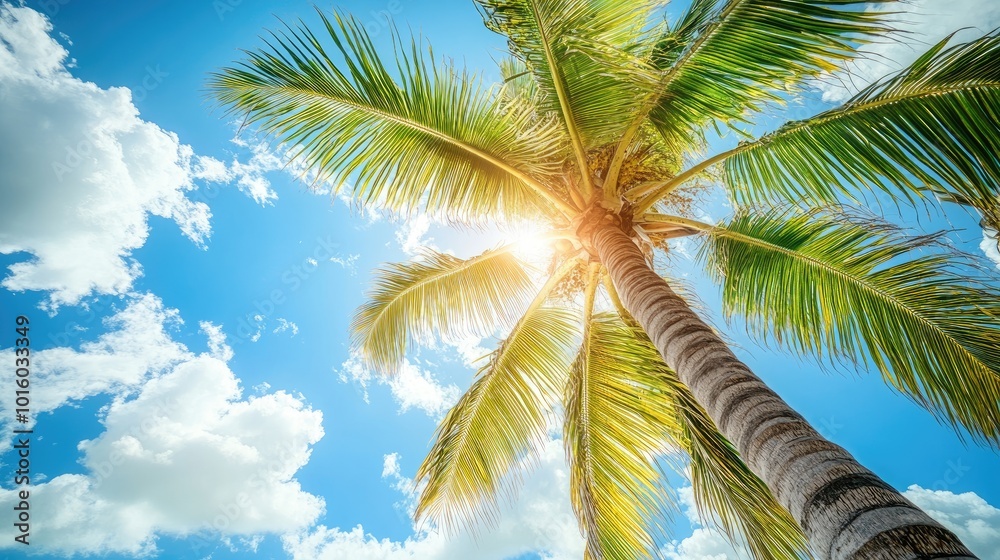 Fototapeta premium Tropical Palm Tree Under Bright Blue Sky