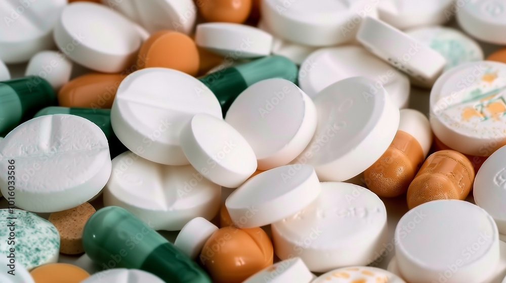 Colorful pills and vials arranged with clean backdrop, detailed close-up of scattered medications. Colorful pills and vials arranged with clean backdrop, detailed close-up of scattered medications.