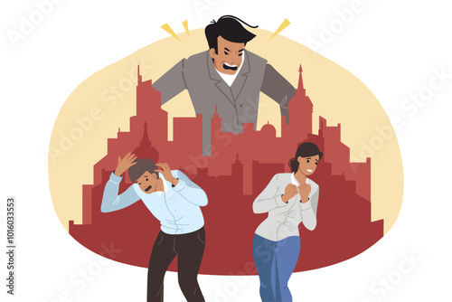 Angry and powerful boss scolds subordinates because of mistake and broken contract. Giant boss over small town and panicking employees who need union protection to avoid losing jobs.