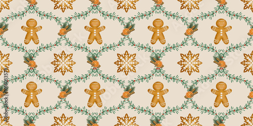 Seamless pattern. Christmas Pattern with Gingerbread Men and pine branches for holiday decor on light coffee color background