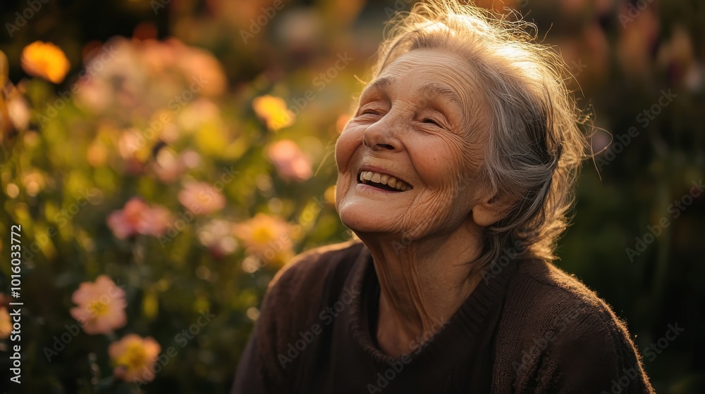 Elderly woman smiling joyfully in a flower garden during sunset, surrounded by blooming flowers and serene nature Elderly woman smiling joyfully in a flower garden during sunset, surrounded by blooming flowers and serene nature