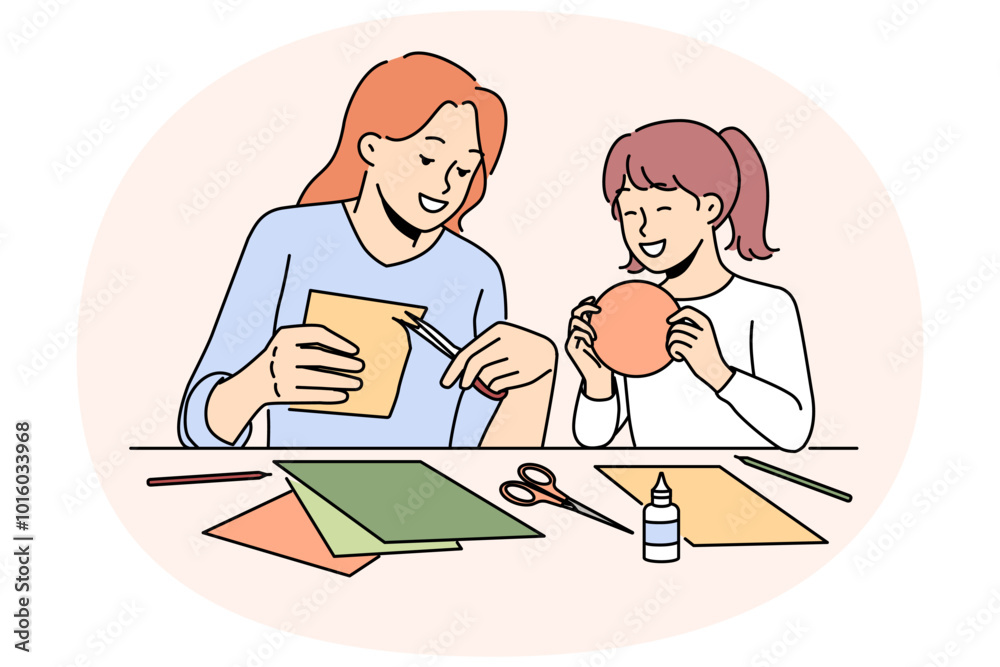 Smiling mother and daughter enjoy arts and crafts doing at home. Happy mom and child busy with paperwork and collages. Motherhood. Vector illustration. Smiling mother and daughter enjoy arts and crafts doing at home. Happy mom and child busy with paperwork and collages. Motherhood. Vector illustration.
