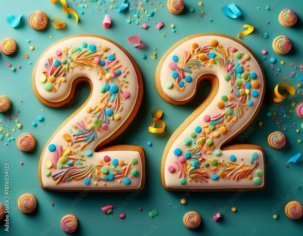 Decorated cookie, number 22, illustration for birthday or anniversary celebration Decorated cookie, number 22, illustration for birthday or anniversary celebration