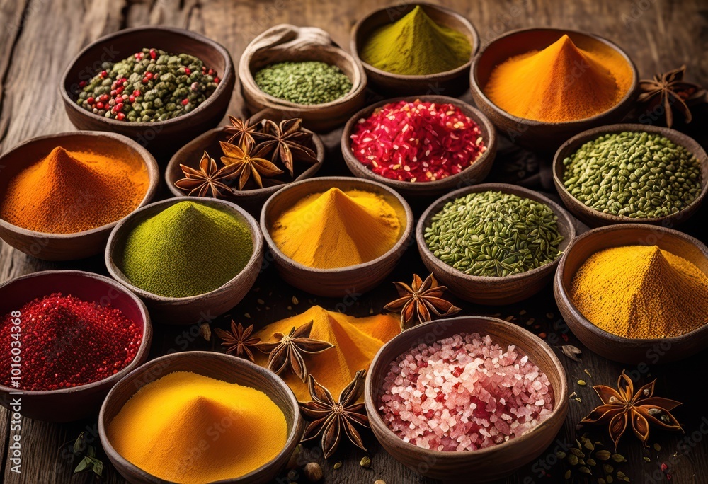 vibrant close shot assorted fresh spices displayed small bowls capturing rich colors textures, salt, pepper, cumin, coriander, paprika, ginger, turmeric vibrant close shot assorted fresh spices displayed small bowls capturing rich colors textures, salt, pepper, cumin, coriander, paprika, ginger, turmeric