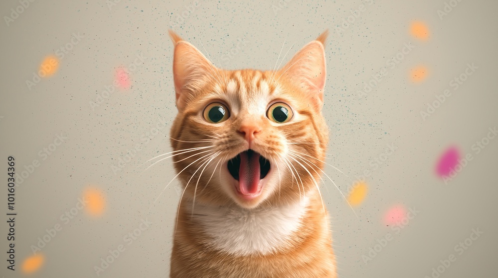 A happy, orange cat is smiling and surprised, with its mouth open wide and big eyes, against the background of gray A happy, orange cat is smiling and surprised, with its mouth open wide and big eyes, against the background of gray