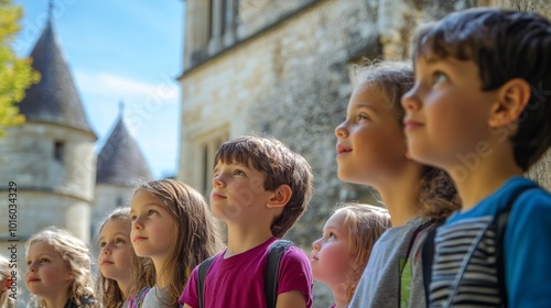 A group of children gazes in wonder, standing outside a historic building, illuminated by bright sunlight.