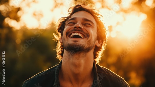 A joyful young man laughing outdoors during sunset with warm sunlight illuminating his face and surrounding nature