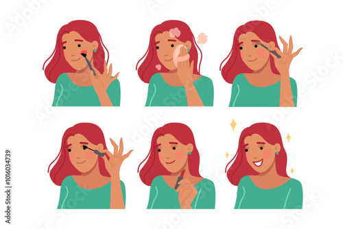 Woman does makeup step by step and takes care of facial skin before going on date with boyfriend. Girl does makeup wanting to look better and please handsome young man from college.