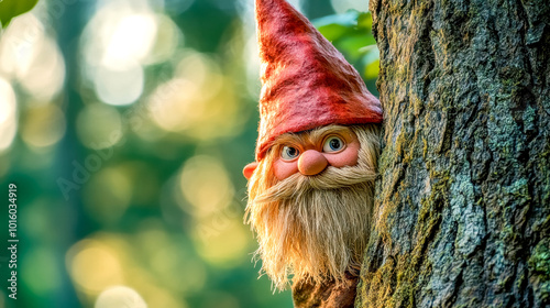 Wallpaper Mural Garden gnome hiding behind tree looking mischievous in the forest Torontodigital.ca