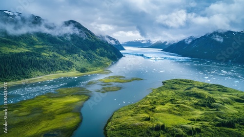 Breathtaking aerial view of a glacial landscape in Alaska showcasing turquoise waters and lush vegetation under a cloudy sky