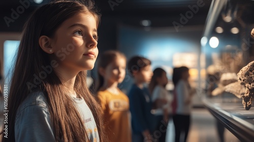 A girl observes a display case in a museum, inspired and curious, while other children stand nearby, engaged in the exhibits.