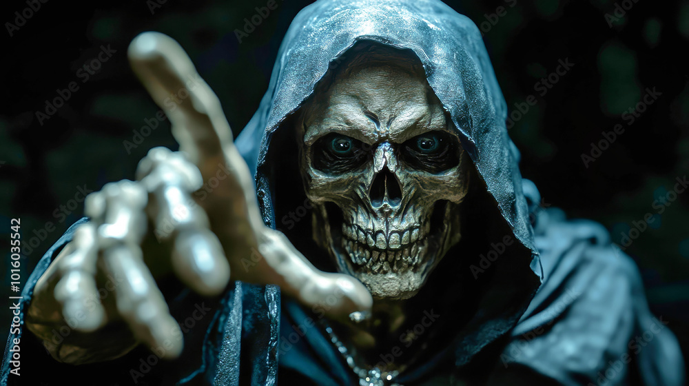 A detailed close-up of a grim reaper figure with a skeleton face extending its gnarled fingers while wearing a dark cloak against a black background A detailed close-up of a grim reaper figure with a skeleton face extending its gnarled fingers while wearing a dark cloak against a black background