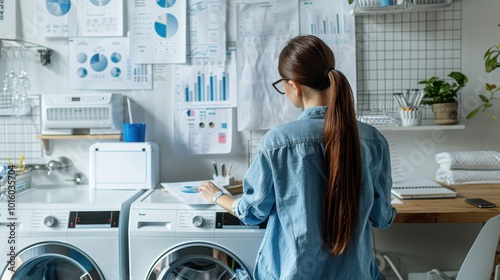 A woman is standing in front of a dryer with a pile of papers in front of her