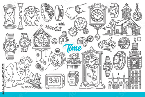 Clocks indicating time hang on walls or are intended to be worn on hand, near buildings with chimes. Vintage clocks and alarmclock near hourglass and craftsman repairing mechanism. Hand drawn.