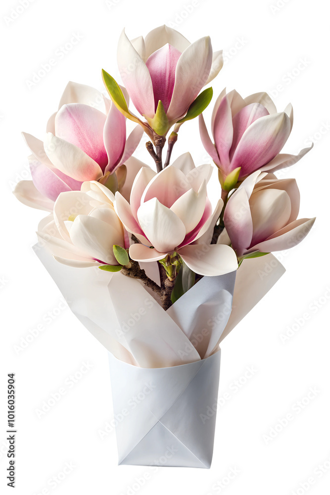 a bouquet of magnolia flower in a white package isolated on transparent background a bouquet of magnolia flower in a white package isolated on transparent background