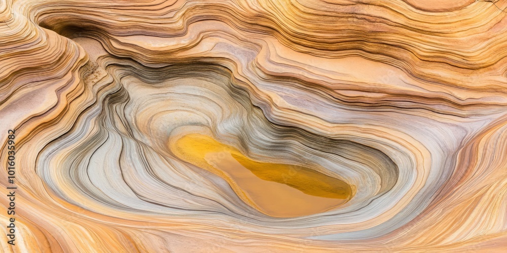 Intricate layers of sandstone create a beautiful, abstract pattern. A pool of water sits at the center of the formation. Intricate layers of sandstone create a beautiful, abstract pattern. A pool of water sits at the center of the formation.