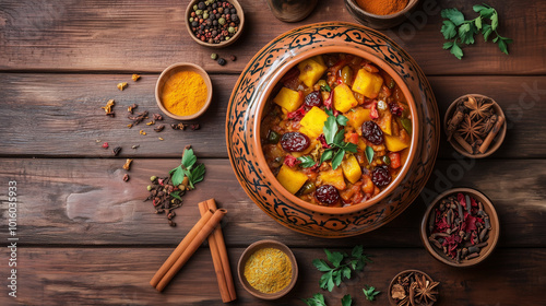 Hearty vegetable stew in rustic pot with spices and copy space