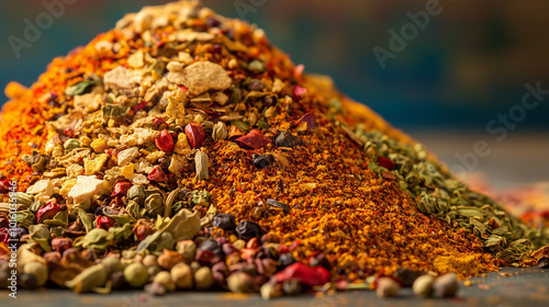 Piles of colorful mixed caribian spices on wooden surface