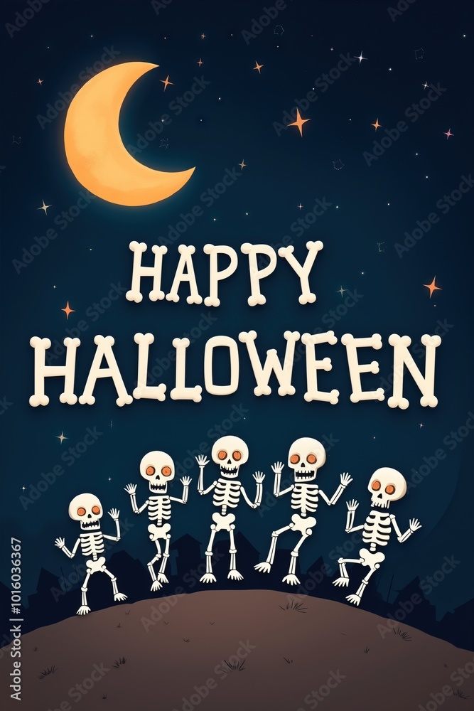 Happy Halloween Dancing Skeletons Under Crescent Moon